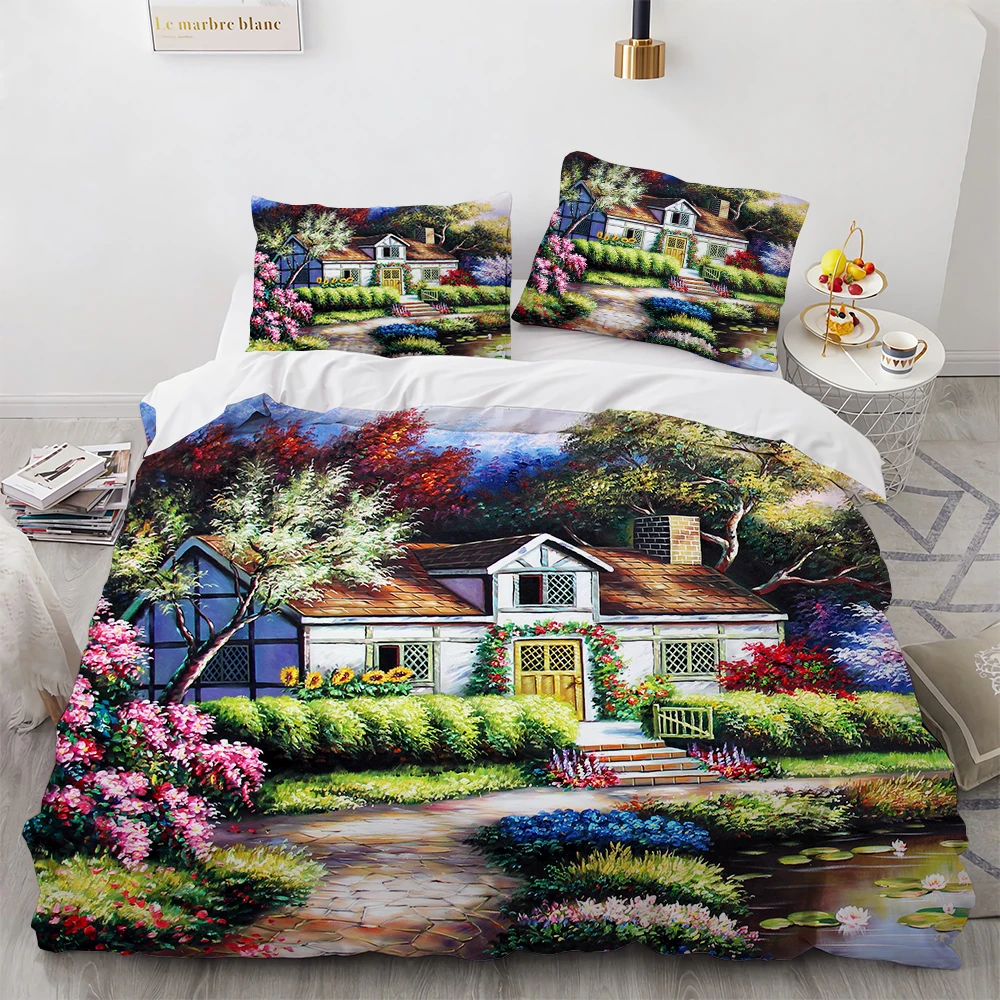 

Oil Painting King Queen Duvet Cover Vintage Building Landscape Bedding Set for Adults Retro Art 2/3pcs polyester Quilt Cover
