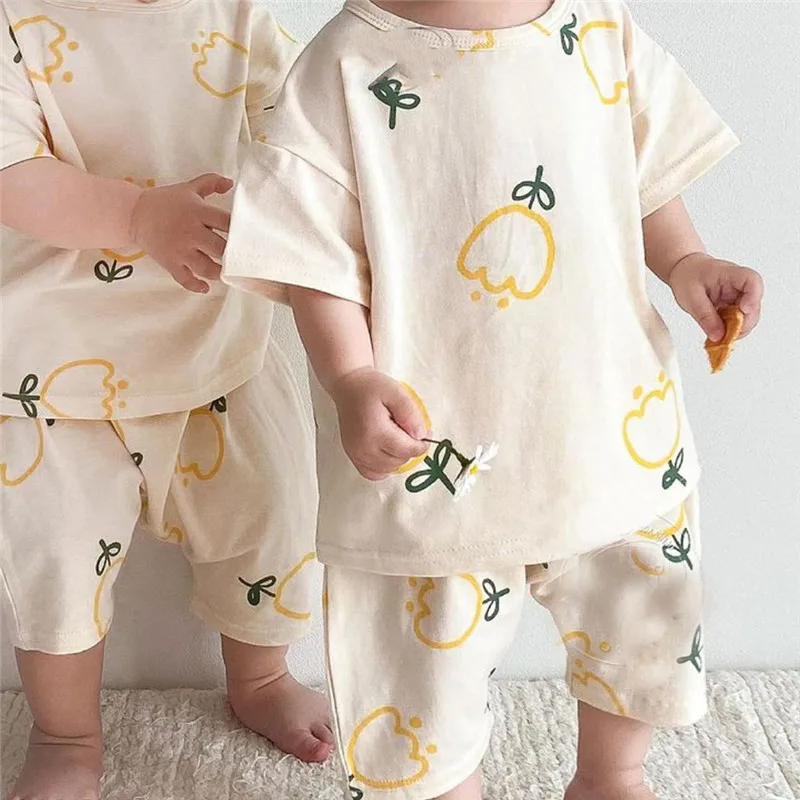 

EnkeliBB Cute Baby Boys Summer Sets Brother Sister Matching Clothes Cute Flower Pattern Toddler Pajama Sets Cotton Soft