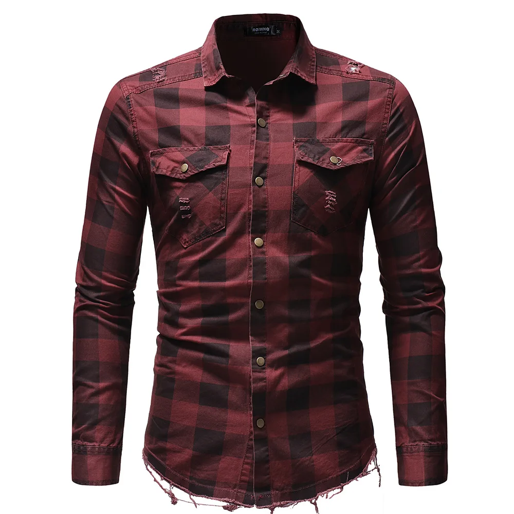 2022 New Mens Shirts Checked Stand Neck Casual Ripped Spring Tops Mens Clothing
