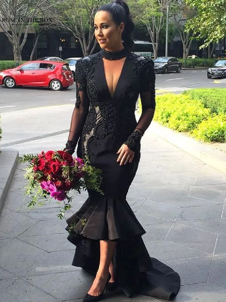 

New Arrival 2022 Luxury Black Lace Fishtail Wedding Dress Sexy Long Sleeve Ruffle Wedding Bridal Gowns