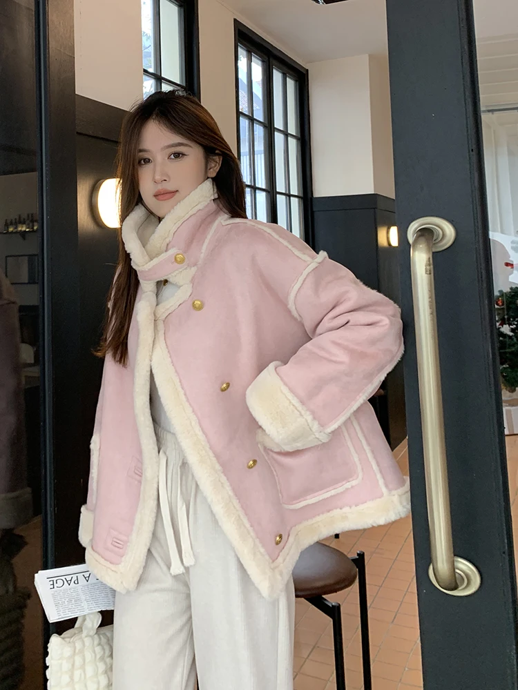Suede Fur Integrated Women Winter 2024 New Environmental Protection Lamb Wool Outerwear Small Fleece-lined Motorcycle Clothin... |
