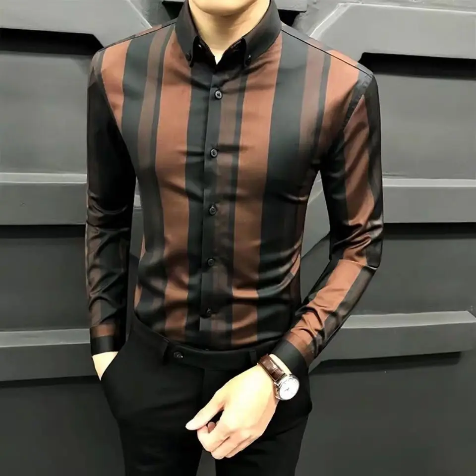 Men's long sleeve striped shirt Korean fashion casual slim business shirt handsome top