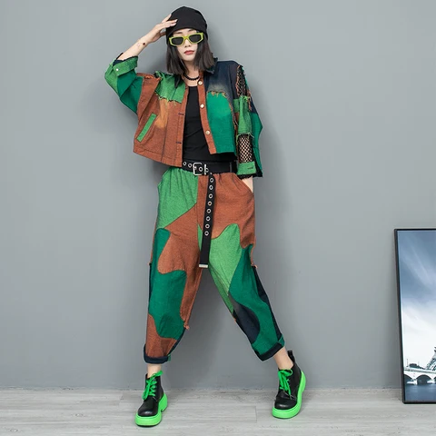Женский комплект одежды в стиле панк, сетчатый кардиган с разрезами и контрастные брюки-султанки, комплект из 2 предметов для весны и лета