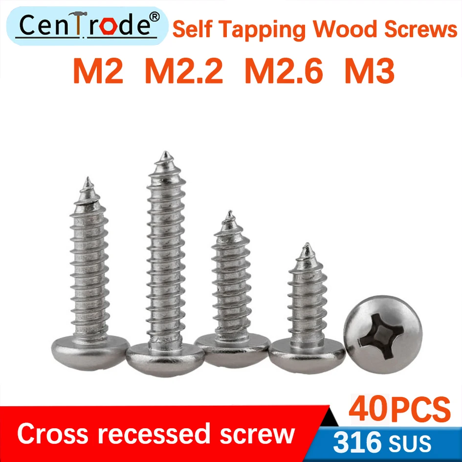 

Philips Pan Head Tapping Screw PA 316 Stainless Steel Cross Round Head Self Tapping Wood Screw M2M2.2M2.6M3 GB845 40Pcs