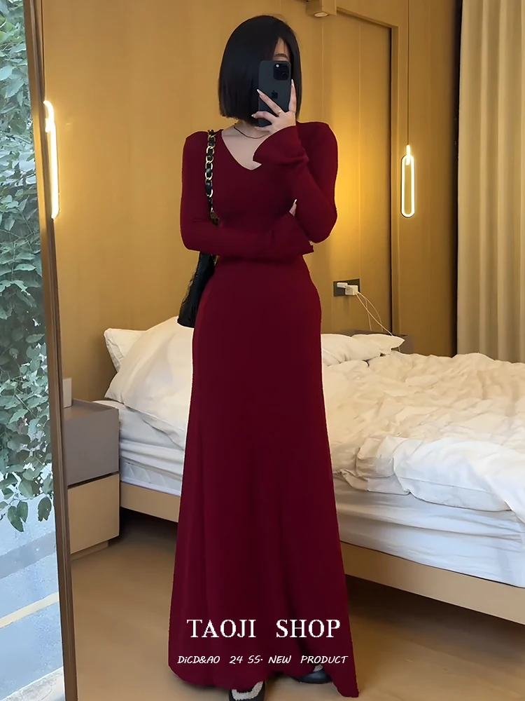 Christmas New Year Red V-neck Sheath Dress Women Spring Sexy Gyaru Tight Slimming Base Long dress |