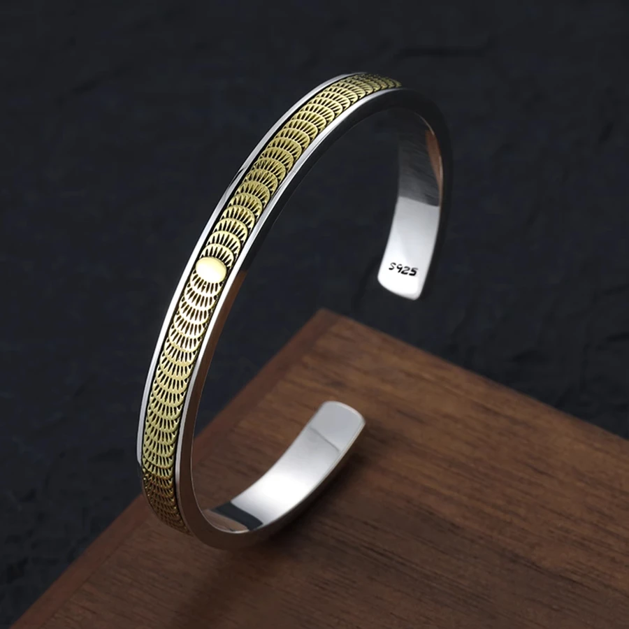 Золотой тотемный браслет в индийском стиле открытый из стерлингового серебра