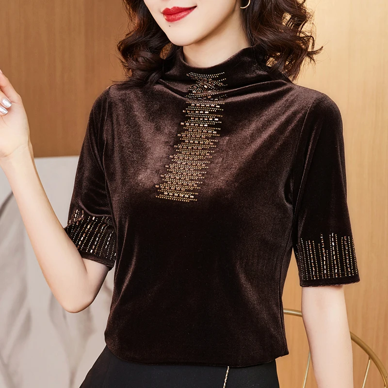 

Korean fashion autumn velvet diamond-studded short-sleeved half-high collar bottoming shirt woman tshirts