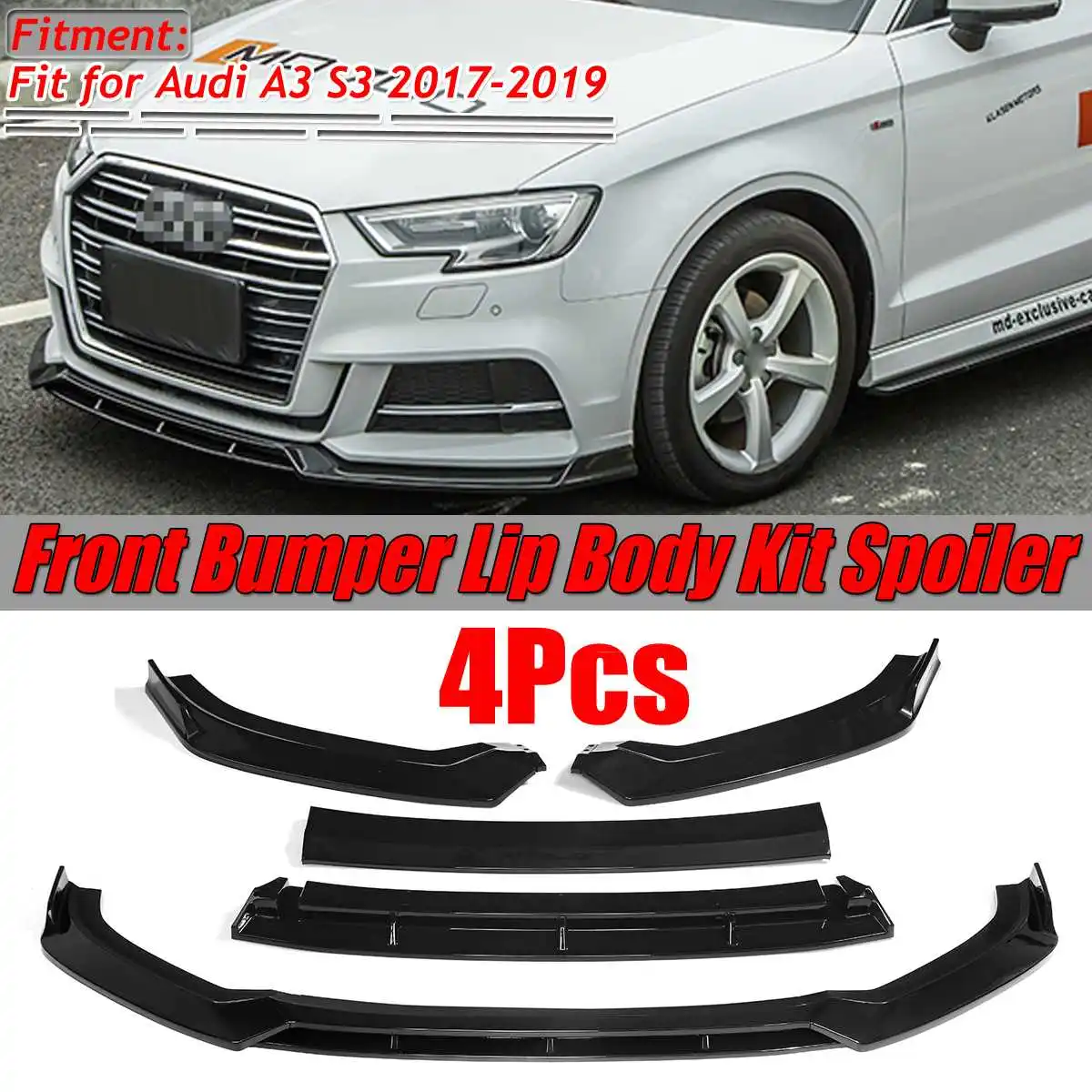 

4Pcs A3 S3 Bumper Lip Car Front Bumper Splitter Lip Chin Bumper Spoiler Diffuser Body Kit Guard Cover For Audi A3 S3 2017-2019