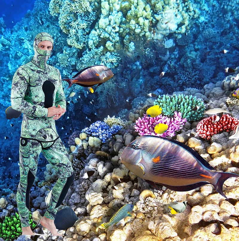 

New fashion hood camo spearfishing wet suit customized men women 3mm camo neoprene diving wetsuits long sleeve warm diving suit