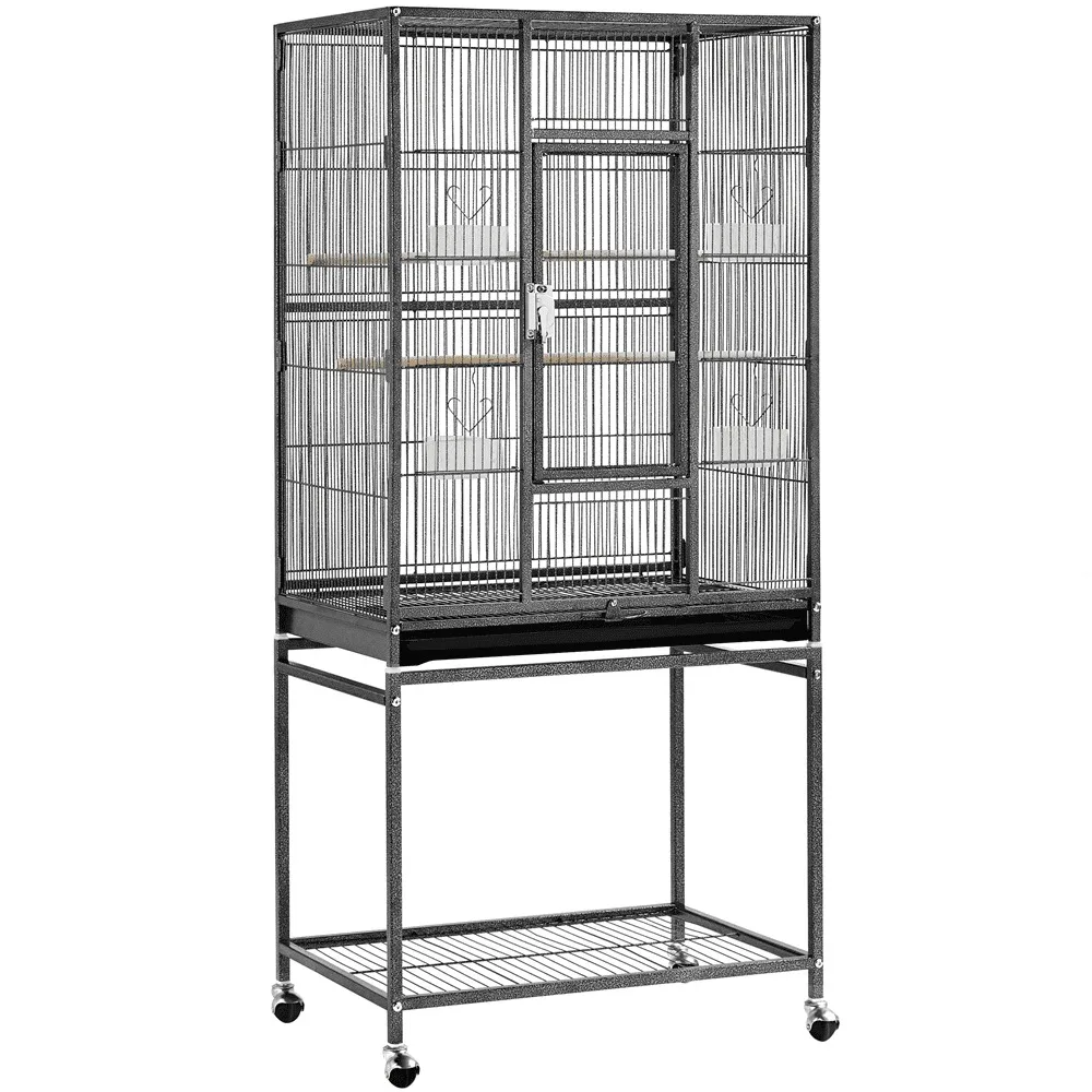 

Easyfashion 54"H Large Rolling Metal Pet Cage for Birds or Small Animal, Black Parrot Cage