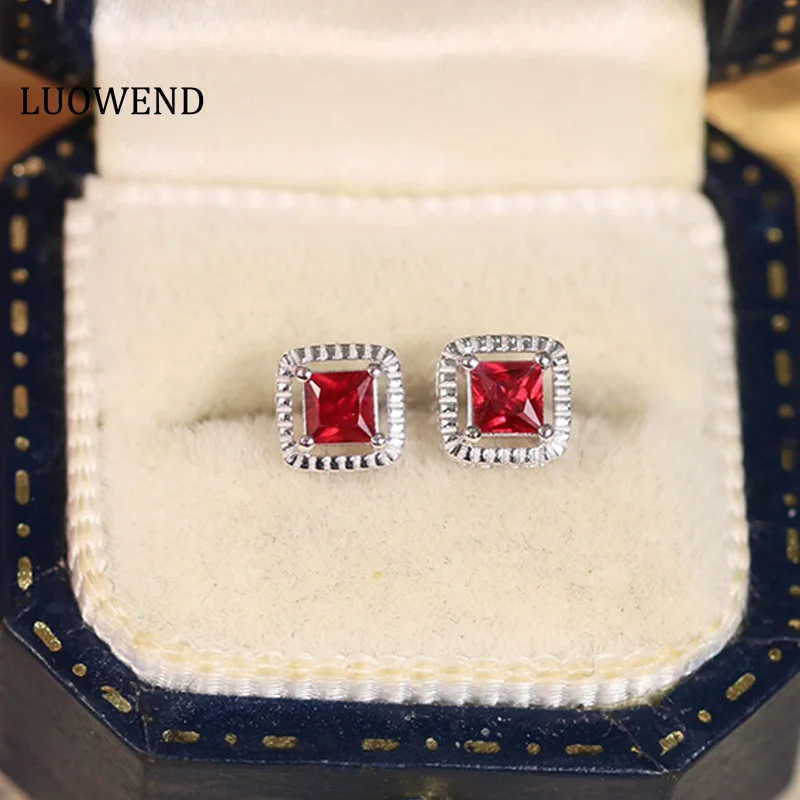 

LUOWEND 18K White Gold Earrings Real Natural Ruby Shiny Gemstone Fine Fashion Shape Elegant Jewelry Gift for Wife and Mom