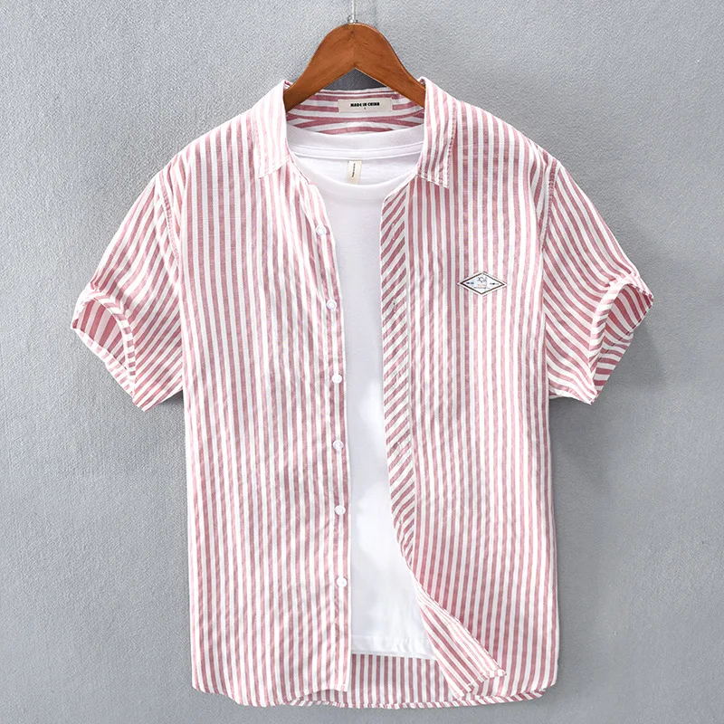 2022 Summer  Men's Shirt Short Sleeve Man Business Casual Shirts Classic Striped Male Social Dress Embroidery Shirts