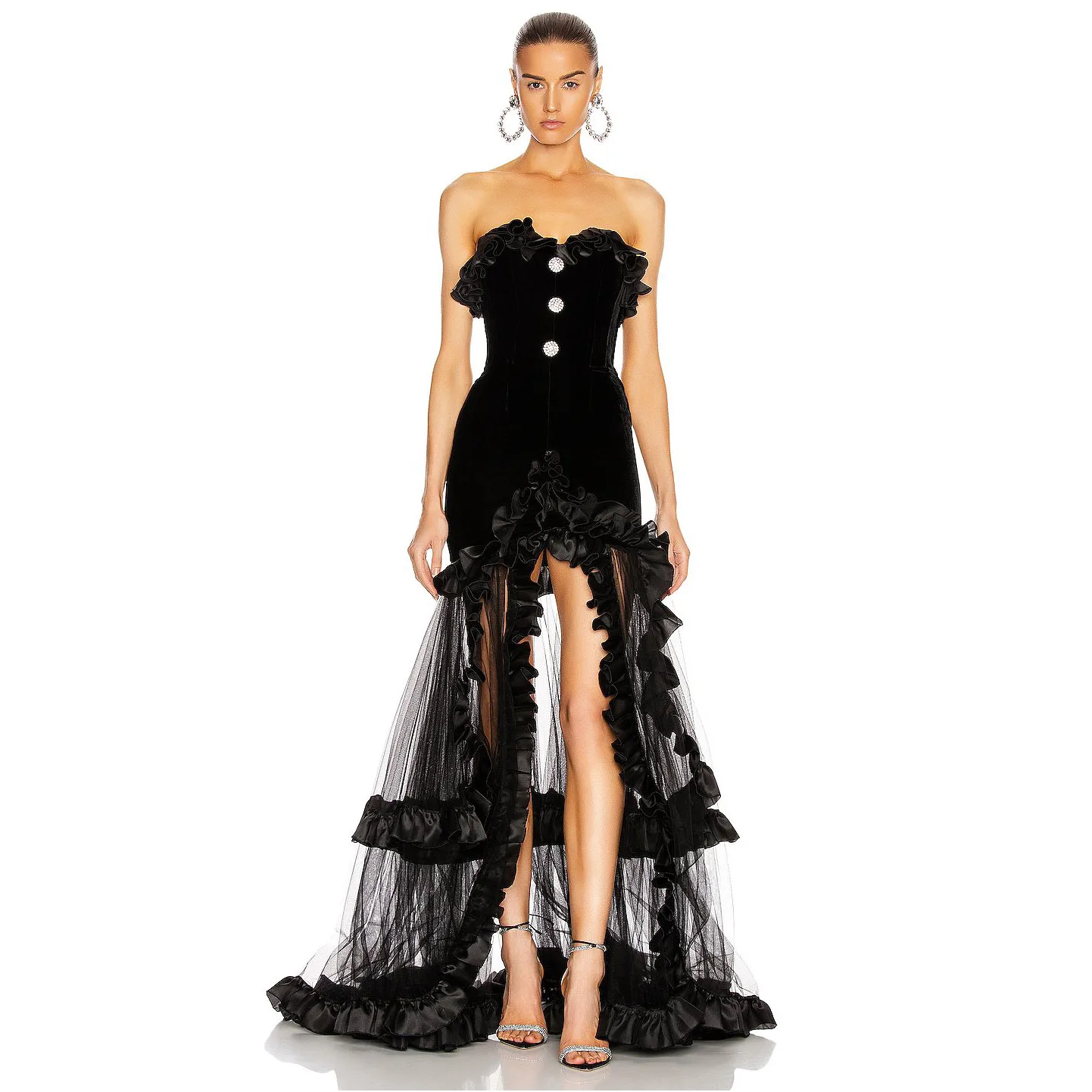 High Street Black See Thru High Low Women Maxi Dresses To Party Streplss Buttons Ruffles Long Robe Female Dress Outfit