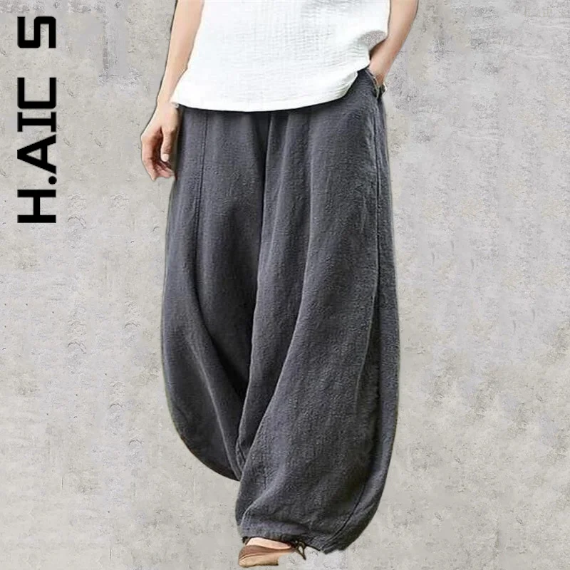 

H.Aic S Trousers Pants New Women Hot Sale Chic Cotton Linen Style Bloomers Hip Women Trousers Elastic Trendy Clothes Female