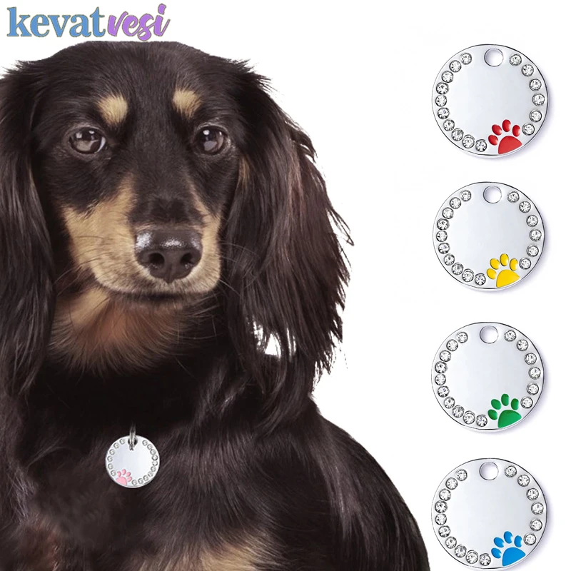 

Anti-Lost Custom Dog Id Tag Diamond-Encrusted Round Footprint Puppy Tags Engraved Record Tel Address Dogs Collar Pet Accessories