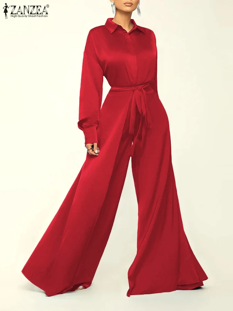 ZANZEA Elegant Women Wide Leg Pant Overalls Long Sleeve Waisted Lapel Satin Silk Playsuits Fashion Belted 2023 New Jumpsuits