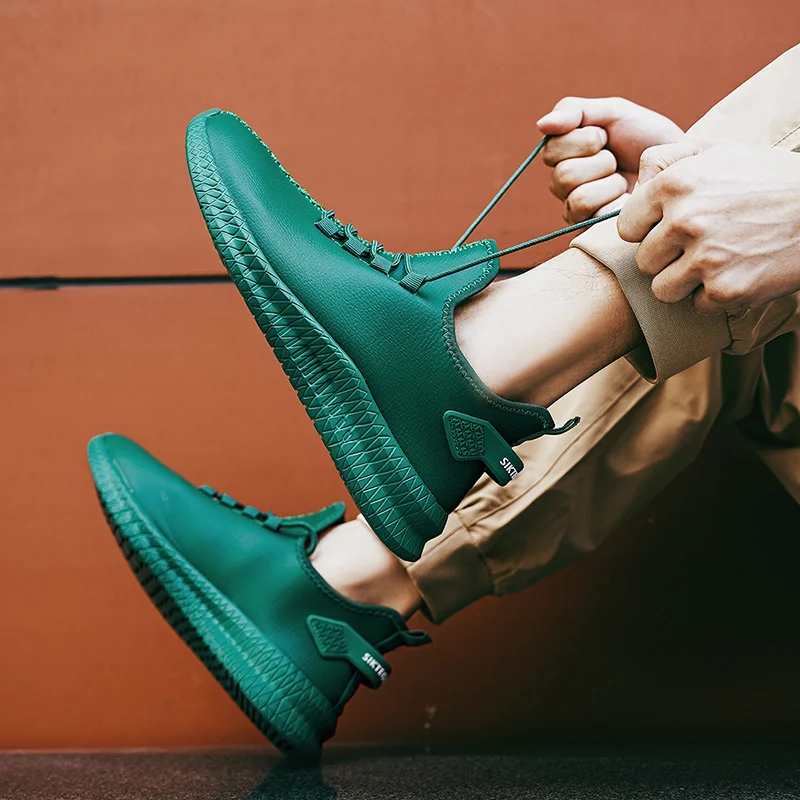 Зеленые кожаные кроссовки мужские дышащие для ходьбы и бега мужская спортивная