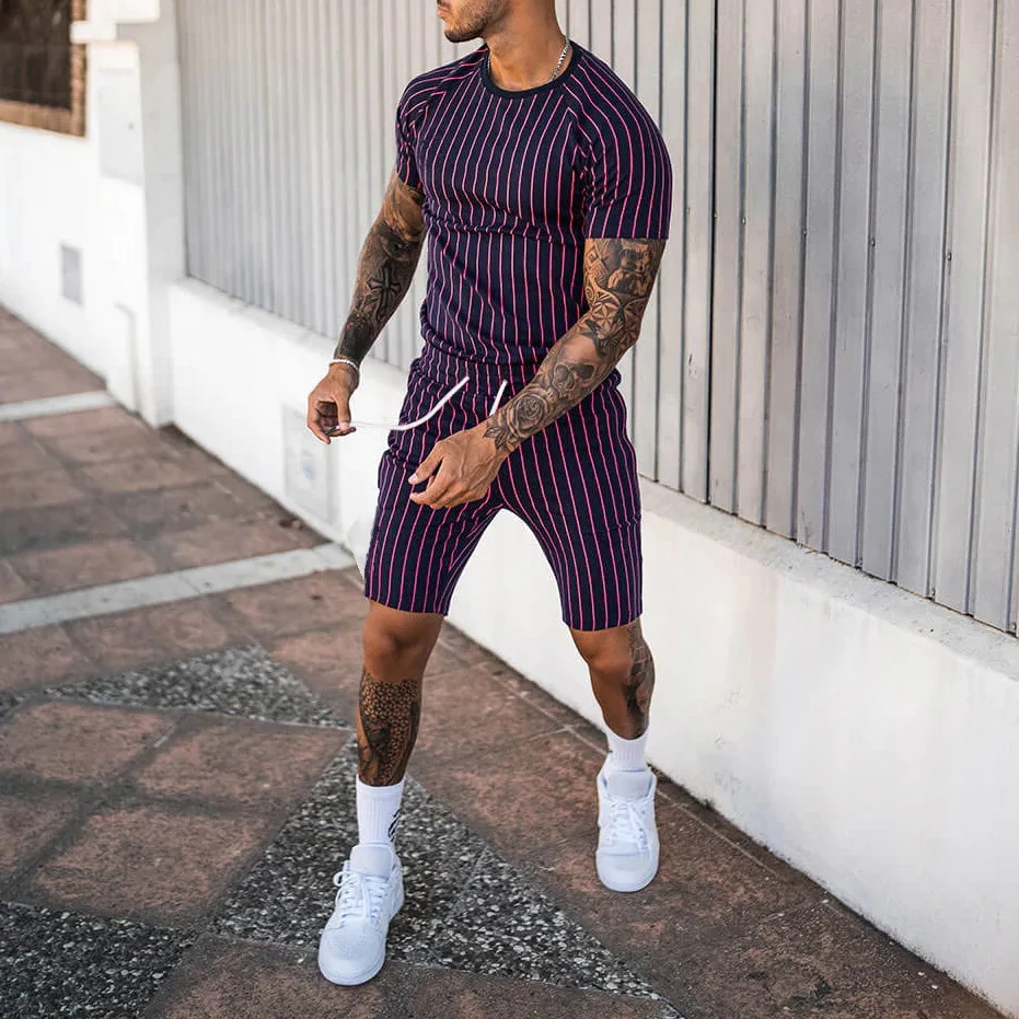 Men's Suit 2023 Summer New Stripe Print Short Sleeve T-shirt and Shorts Two Piece Sets Sports Male Tracksuit Ropa Para Hombre