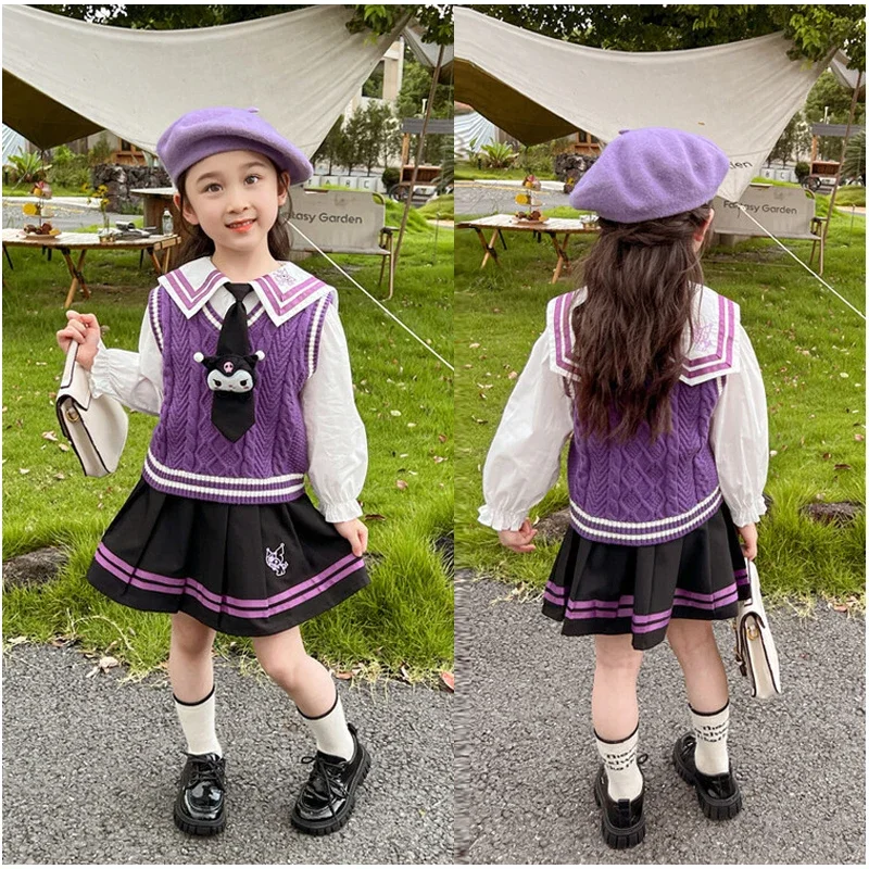 

Sanrios Anime Kuromi Cartoon Cute Kids Girls College Style JK Set Autumn Clothing Children Knitted Vest Long Sleeve Shirt Skirt