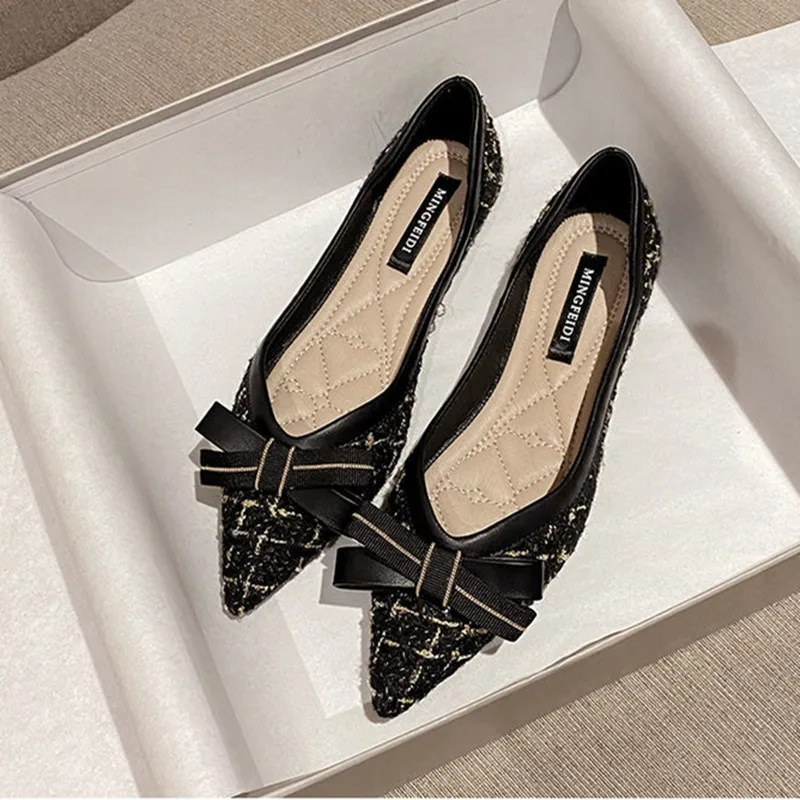 

Women Pointed Toe Flat Shoes Shallow Black Tweed Sweet Bow Slip on Party Soft Sole