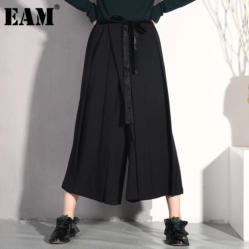 

[EAM] High Waist Black Pleated Long Wide Leg Casual Trousers New Loose Fit Pants Women Fashion Tide Spring Autumn 2022 JO579