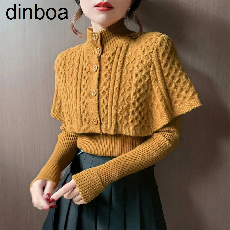 

Dinboa-2023 Women Autumn Vintage Sweater Knitted Slim Turtleneck Solid Korean Single Breasted Cardigan Cloak Sweaters