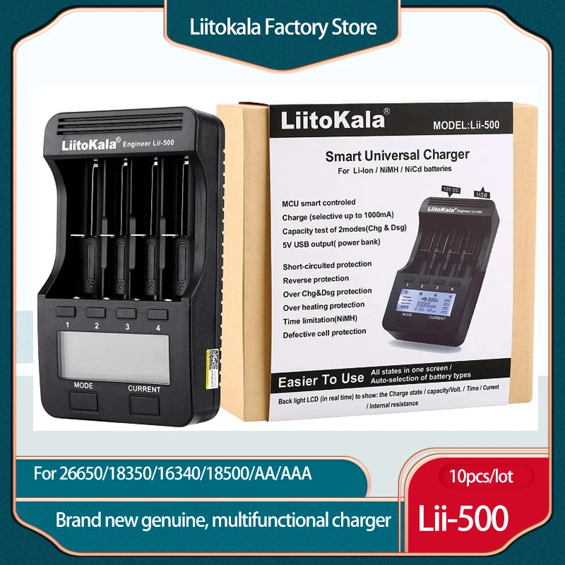 

10pcs/lot LiitoKala Lii-500 Smart Battery Charger LCD Display for 18650 26650 16340 18350 3.7V 1.2V Test battery capacity