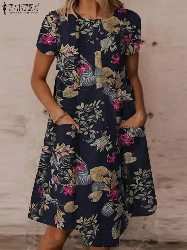 

Платье ZANZEA женское с цветочным принтом, стильный богемный сарафан-трапеция с коротким рукавом и круглым вырезом, повседневный элегантный в...