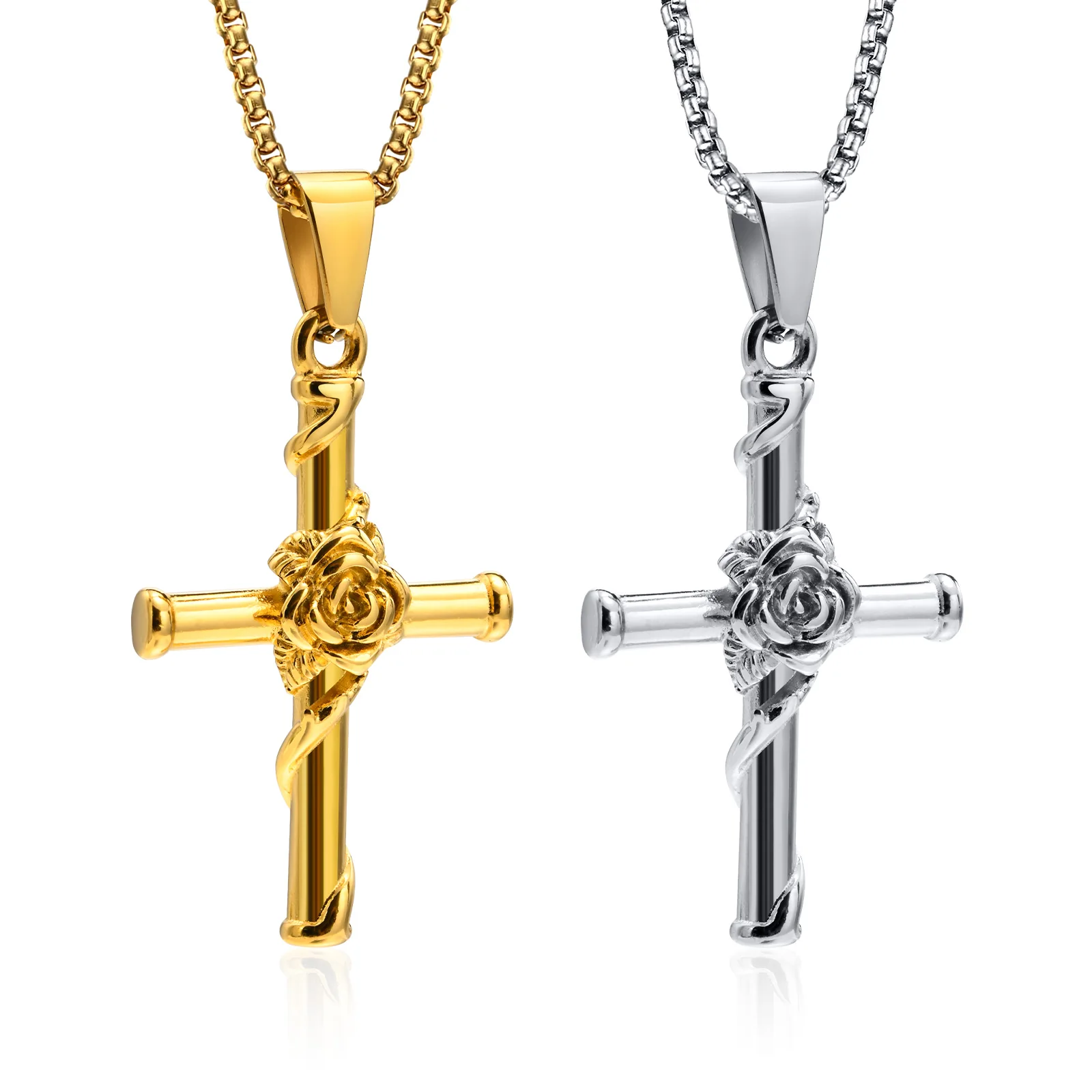 Rose Cross Necklace for Men Stainless Steel Floral Jewelry Religious