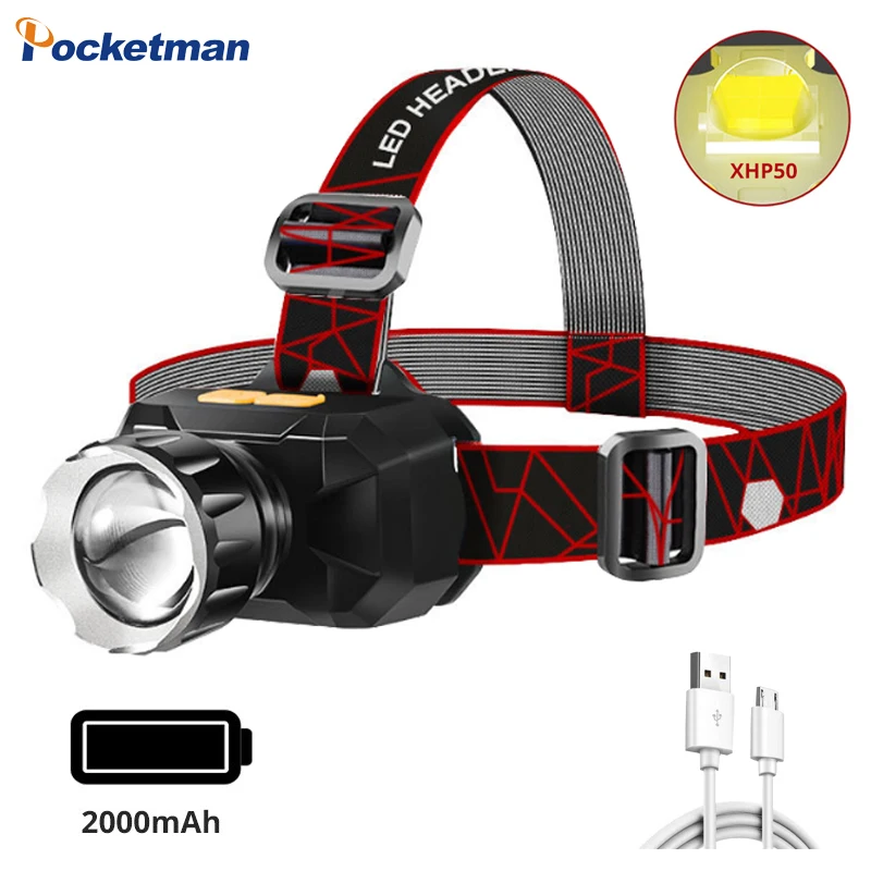 

Powerful XHP50 LED Headlight USB Rechargeable Headlamp Zoomable Head Front Light Head Torch 3 Modes Head Lamp with Battery