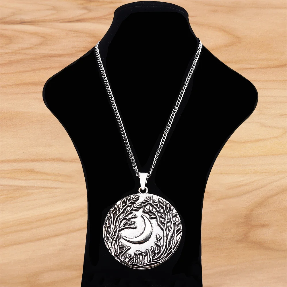 

Tibetan Silver Large Boho Moon Tree Round Pendant on Long Chain Necklace Lagenlook 34 Inches for Jewelry Women Men Gift