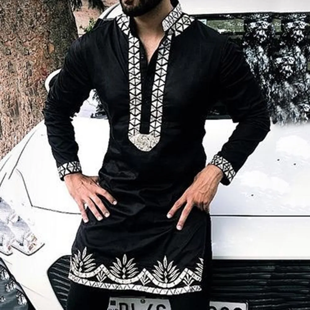 Islam Kaftan Men's Shirt 2021 Summer Long Sleeves O-Neck Color Block Mid-Length Ethnic Muslim Man Kurta European Clothing