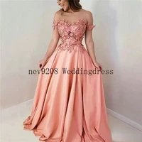 a line long bridesmaid prom dresses floor length flower lace applique crystal satin evening dresses vestidos de fiesta de noche