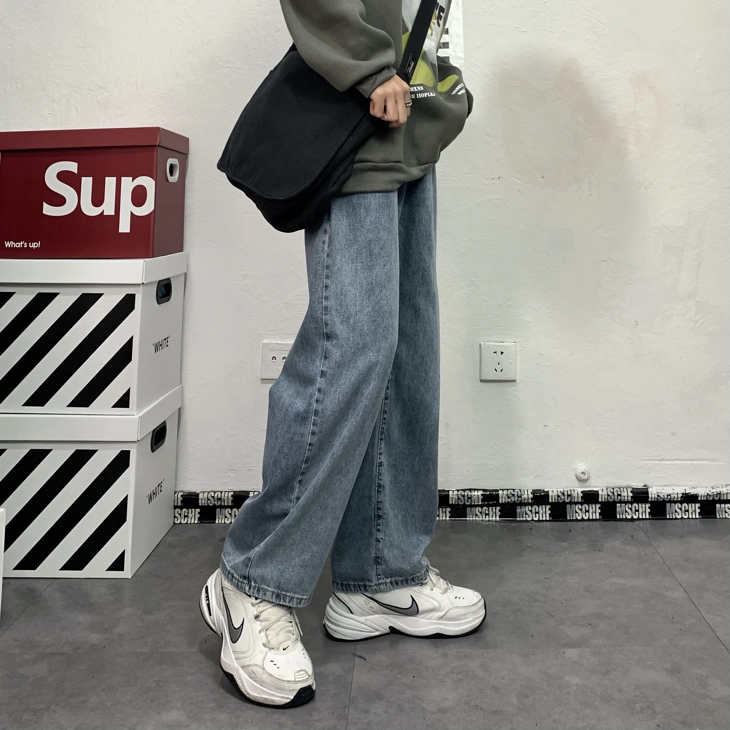 

Джинсы мужские с широкими штанинами, повседневные брюки в Корейском стиле, в стиле хип-хоп, модная уличная одежда, эстетические