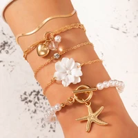 tocona 5pcssets luxury pearl stone flowers bracelets for women summer starfish heart shiny crystal stone bangle jewelry 16464