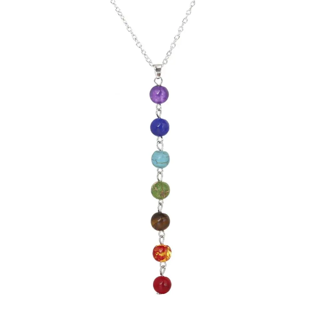 7 Chakra Colorful Beads Pendants Necklaces Long Rainbow Stone Beads Dangle Necklace Power Woman Yoga Balancing Stone Jewelry images - 6
