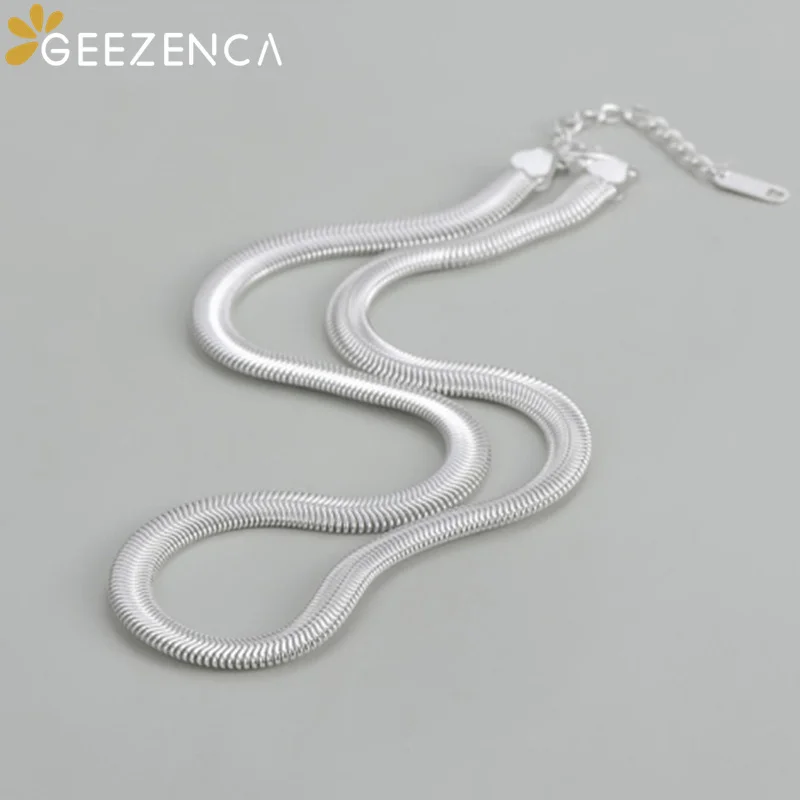 

GEEZENCA Pure S925 Silver 6mm Wide Snake Chain Choker Necklace Bracelet For Women Trendy Hiphop Simple Plain SilverJewelry Sets