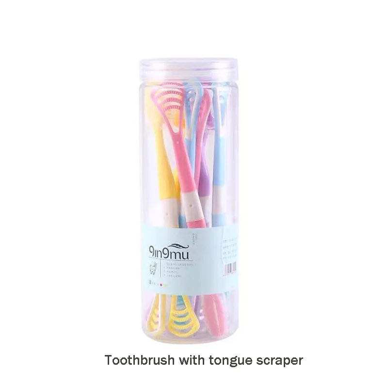 Multifunctional Soft Bristles Toothbrush with Tongue coating Cleaner Tongue Scraper 8 Pcs of Toothbrush Manufacturer Wholesale