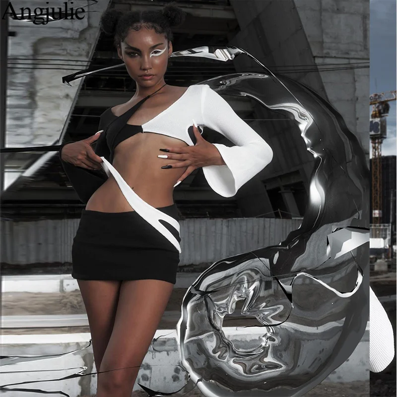 

Angjulie Vacation Outfits For Women 2022 Fashion Festival Clothing Rave 2 Piece Skirt Set Flare Sleeve Cut Out Strap Tops+Skirts