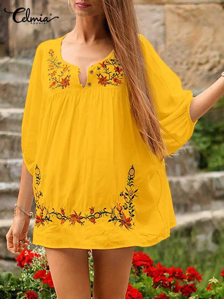 

Летняя туника с рукавом 3/4, белые блузки Celmia, женские богемные рубашки с цветочным принтом, праздничные плиссированные блузы, повседневные с...