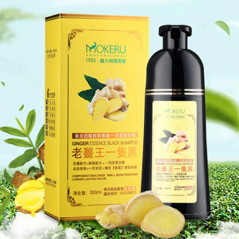 Mokeru 500ml Ginger Shampoo Herbal Non Allergic Natural Fast Blacking Gray Hair Dye Black Shampoo Dye for White Hair Coloring