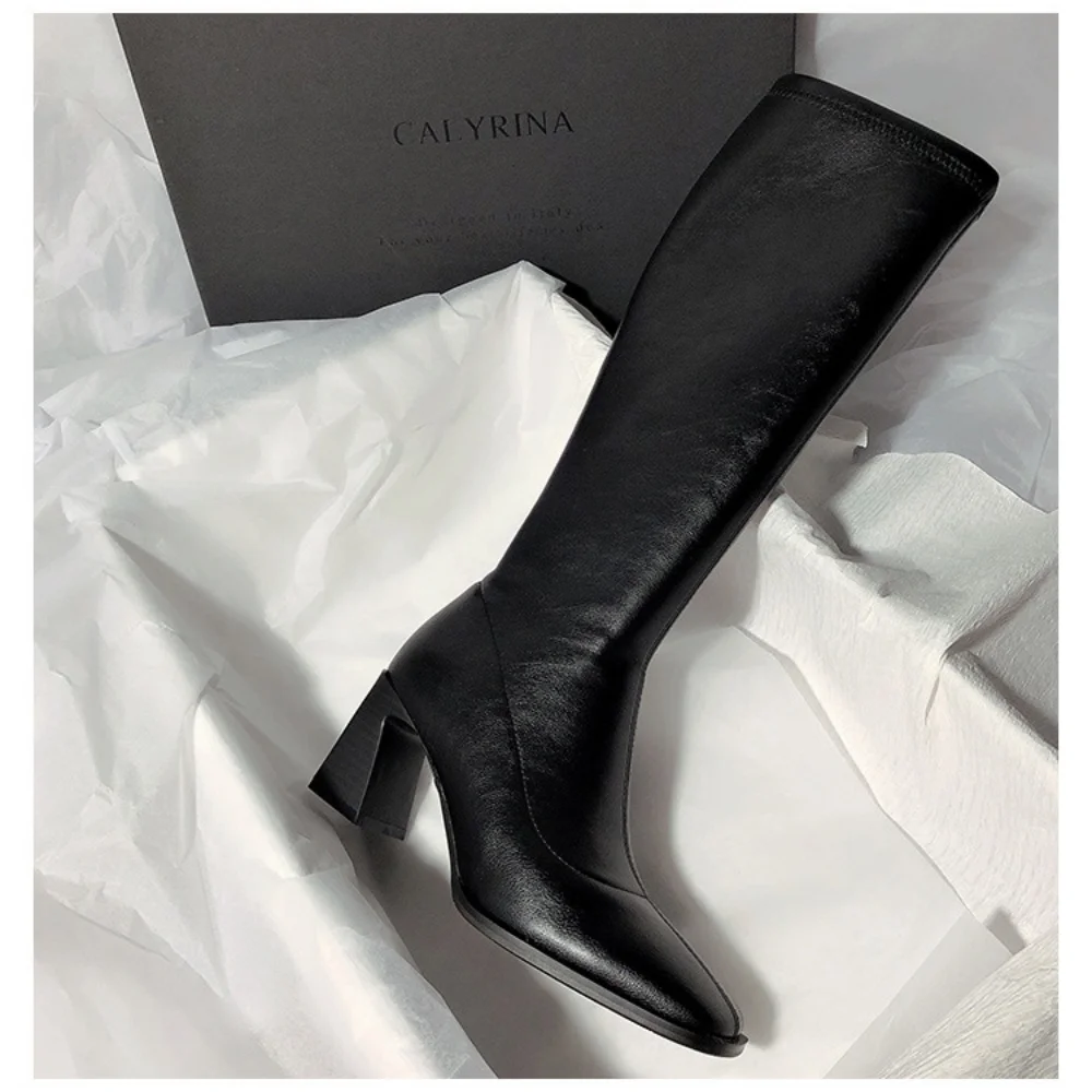 Patent Leather High Heels Long Boots Women 2022 Autumn Square Toe Knee-high Botas Woman Side Zipper Thick Heeled Shoes Female