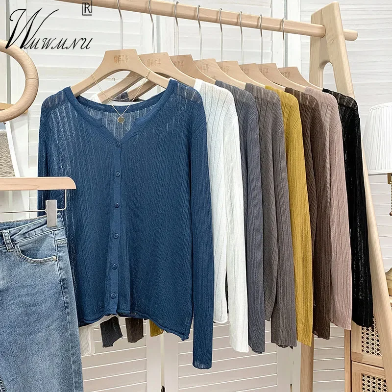 

Solid Color Summer Cardigan Women New Arrivals Thin Loose Casual Cardigan Mujer Round Collar Gilet Femme Hollow Out Korean Tops