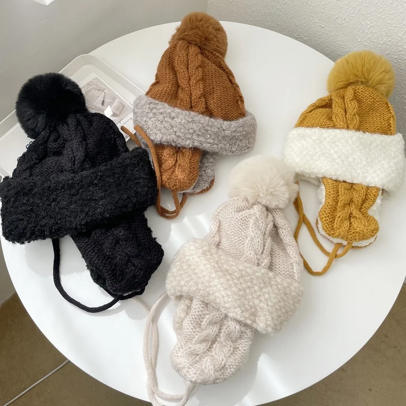 

Cute Warm Baby Hat For Girls Thicken Yarn Knitted Solid Color Bonnets Шапка Детская Mother Kids Child Cap Winter