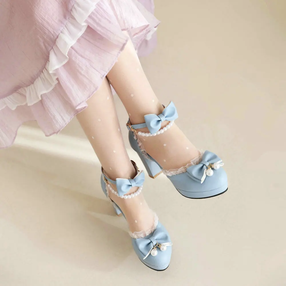 Sweet Bow Mary Jane High Heel Shoes with Faux Pearl Ankle Strap Platform Block Heels Sandals Women Versatile Lolita Dress Pumps