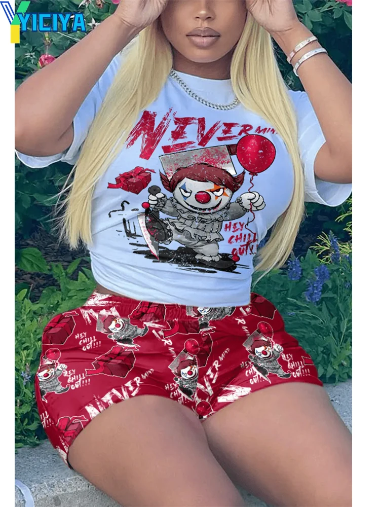 

YICIYA SUIT TRACKSUIT Y2k Joker Print Short Sleeve T-Shirt And Short Pant TWO PIEC SET Woman Outifit Crop Top Pants 2 Pc Shorts