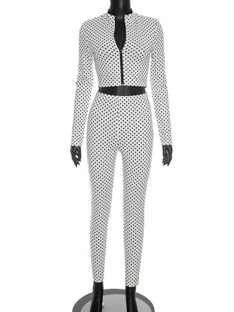 Фото Комплект Foamlina Retro Polka Dot: укороченный топ с воротником-стойкой на молнии и длинными рукавами, а также эластичные облегающие брюки, 2 предмета, для женщин №3