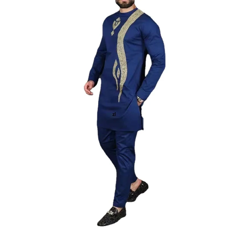 

African Clothes For Men Dashiki 2 Pieces Set Blue Embroidery Traditional Clothing Riche Shirt Pants Rich Bazin Wedding Party