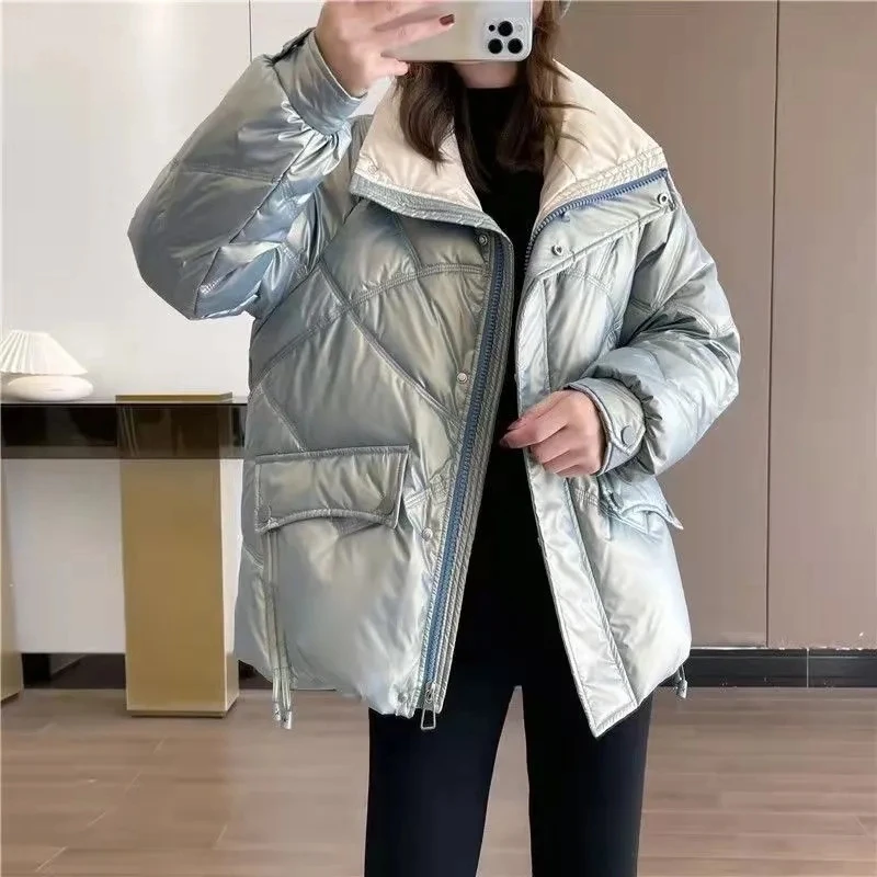 

Down Cotton Jacket Women Autumn Winter 2023 New Solid Color Stand Collar Cotton Coat Korean Style Casual Loose Parkas Womens