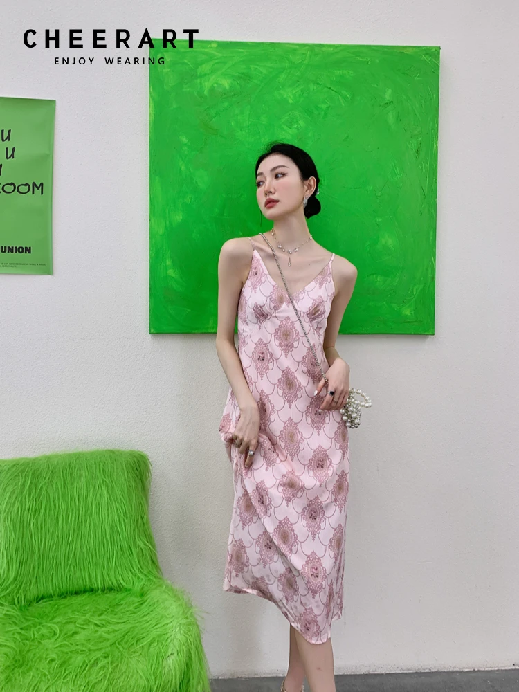 

CHEERART, розовый сарафан с открытой спиной и V-образным вырезом, летнее пляжное платье-комбинация для женщин 2022, ТРАПЕЦИЕВИДНОЕ ПЛАТЬЕ С Боковы...